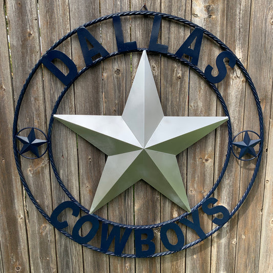 DALLAS COWBOYS SILVER & NAVY BLUE BARN STAR CUSTOM METAL VINTAGE LONE STAR WESTERN HOME DECOR HANDMADE SIZE:24",32",36",40",42",44",46",50"-#EH10156