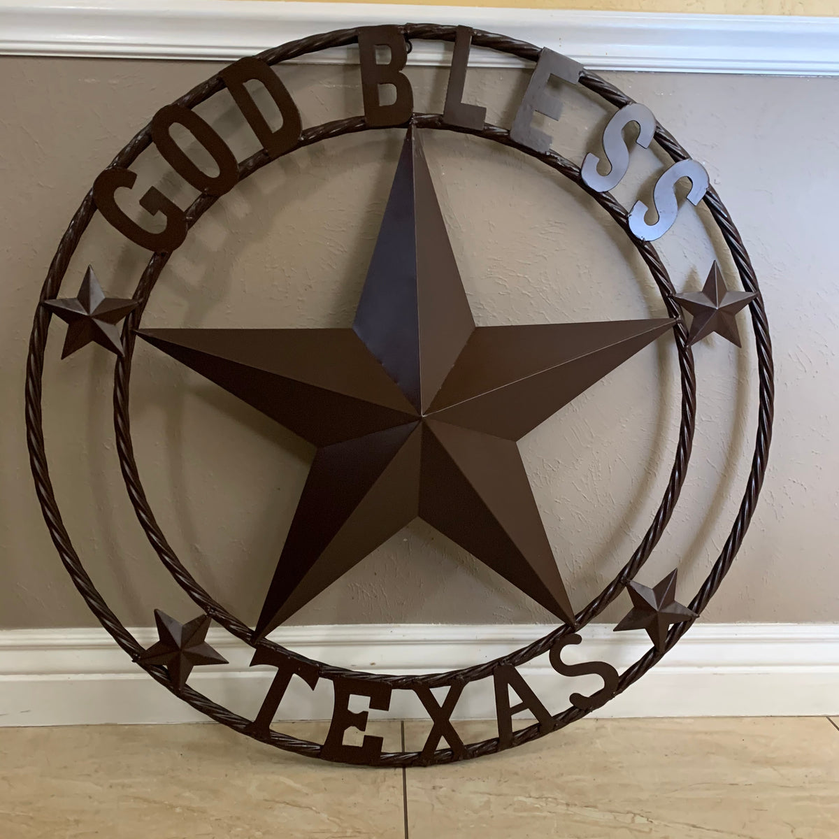 GOD BLESS TEXAS BROWN BARN STAR METAL LONE STAR TWISTED ROPE RING WESTERN HOME DECOR HANDMADE NEW #EH11085