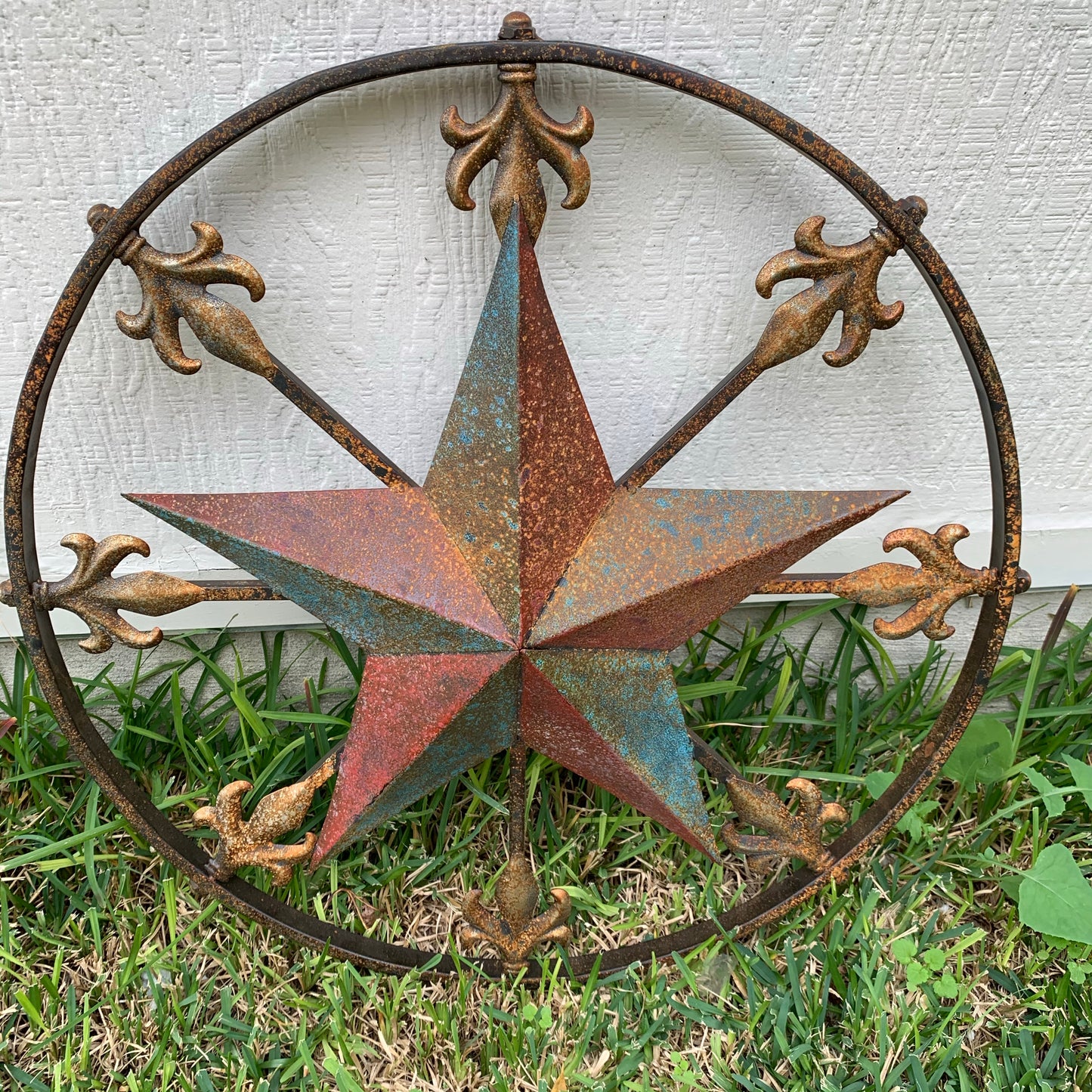 24" RUSTIC STAR & MULTI FLEUR DE LIS METAL WALL ART WESTERN HOME DECOR RED GOLD & TURQUOISE ART