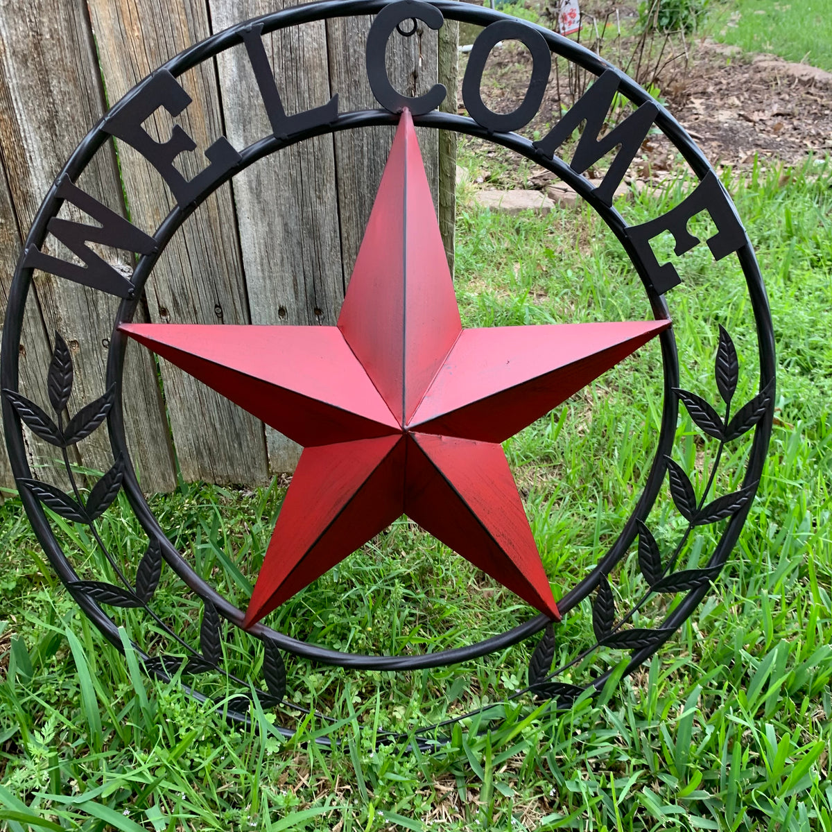 24" WELCOME LEAF LEAVES STAR METAL WALL ART WESTERN HOME DECOR RUSTIC RED HANDMADE