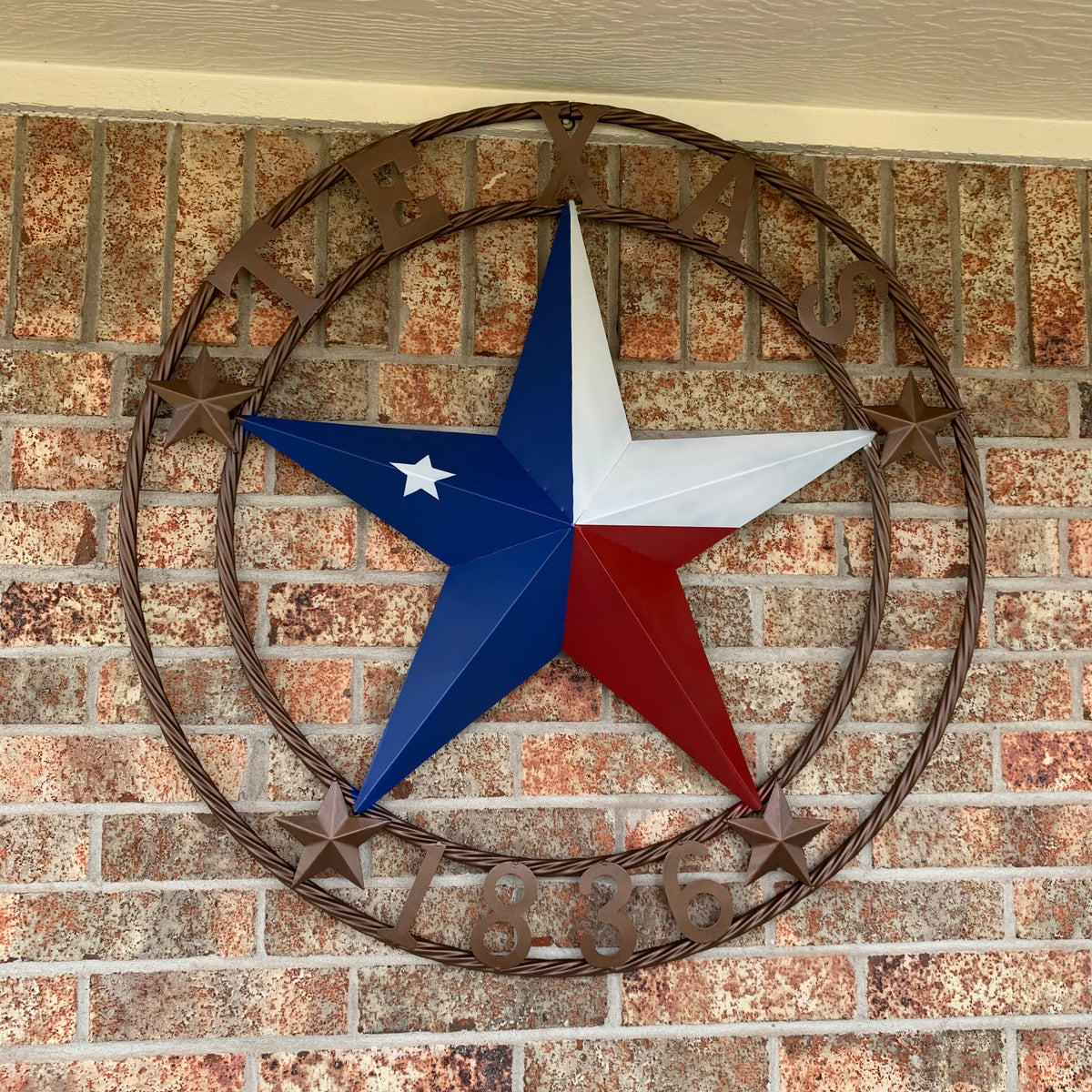TEXAS 1836  FLAG STAR RED WHITE BLUE BARN STAR TWISTED ROPE RING BRONZE WESTERN HOME DECOR  #EH10958