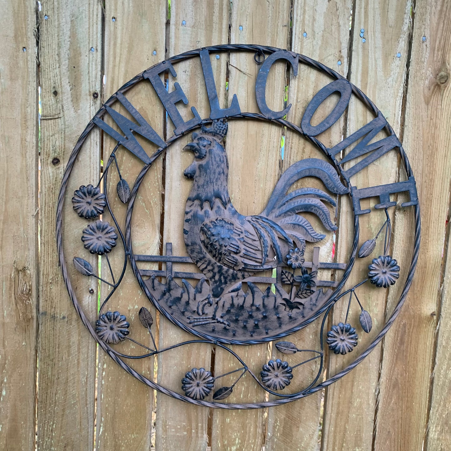 #EH11437 ROOSTER WELCOME 24" SCROLL ART METAL SIGN WESTERN HOME DECOR NEW