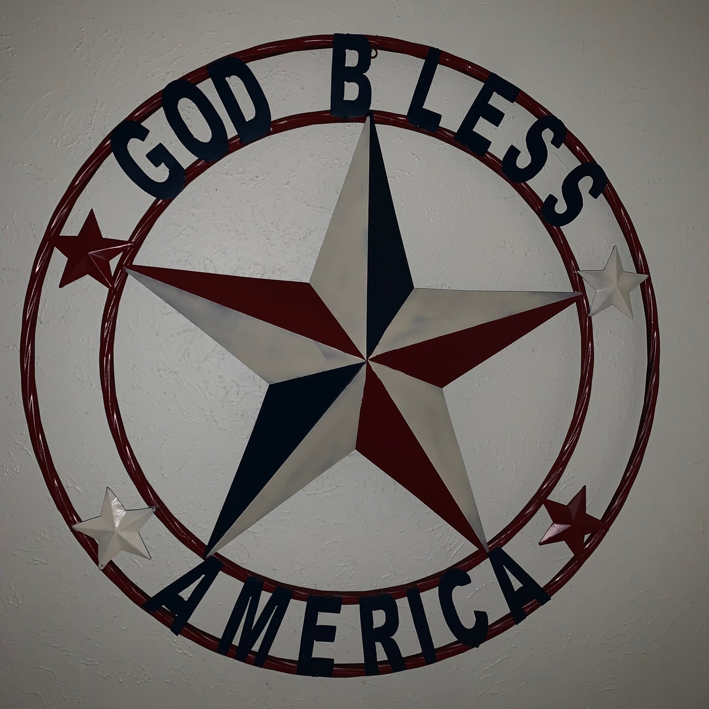 #EH10489 GOD BLESS AMERICA USA FLAG BARN STAR METAL RED WHITE BLUE WESTER HOME DECOR HANDMADE NEW