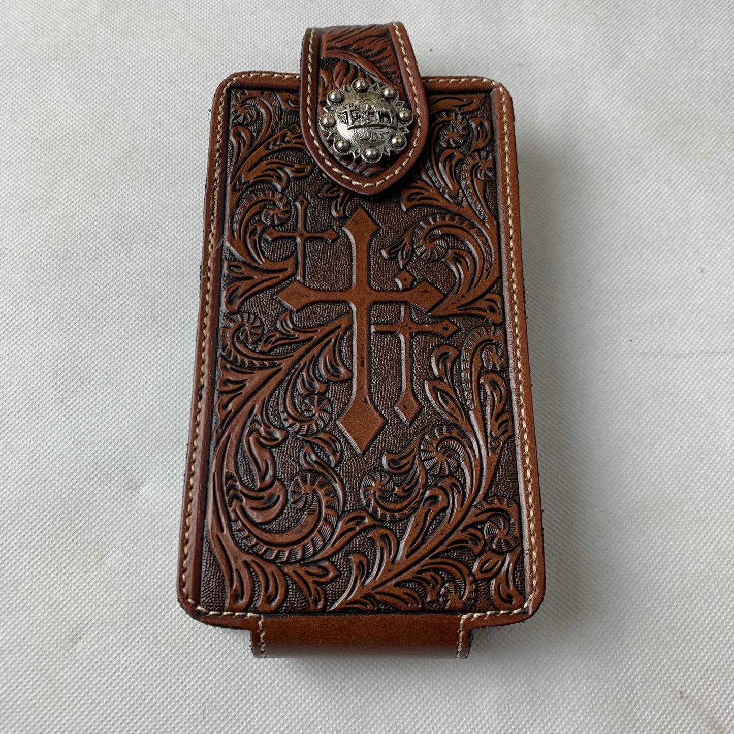7" COWBOY PRAYER CROSS LEATHER HOLSTER POUCH COFFEE BROWN  LARGE  BELT LOOP HOLSTER CELL PHONE CASE UNIVERSAL OVERSIZE #WS344D--FREE SHIPPING