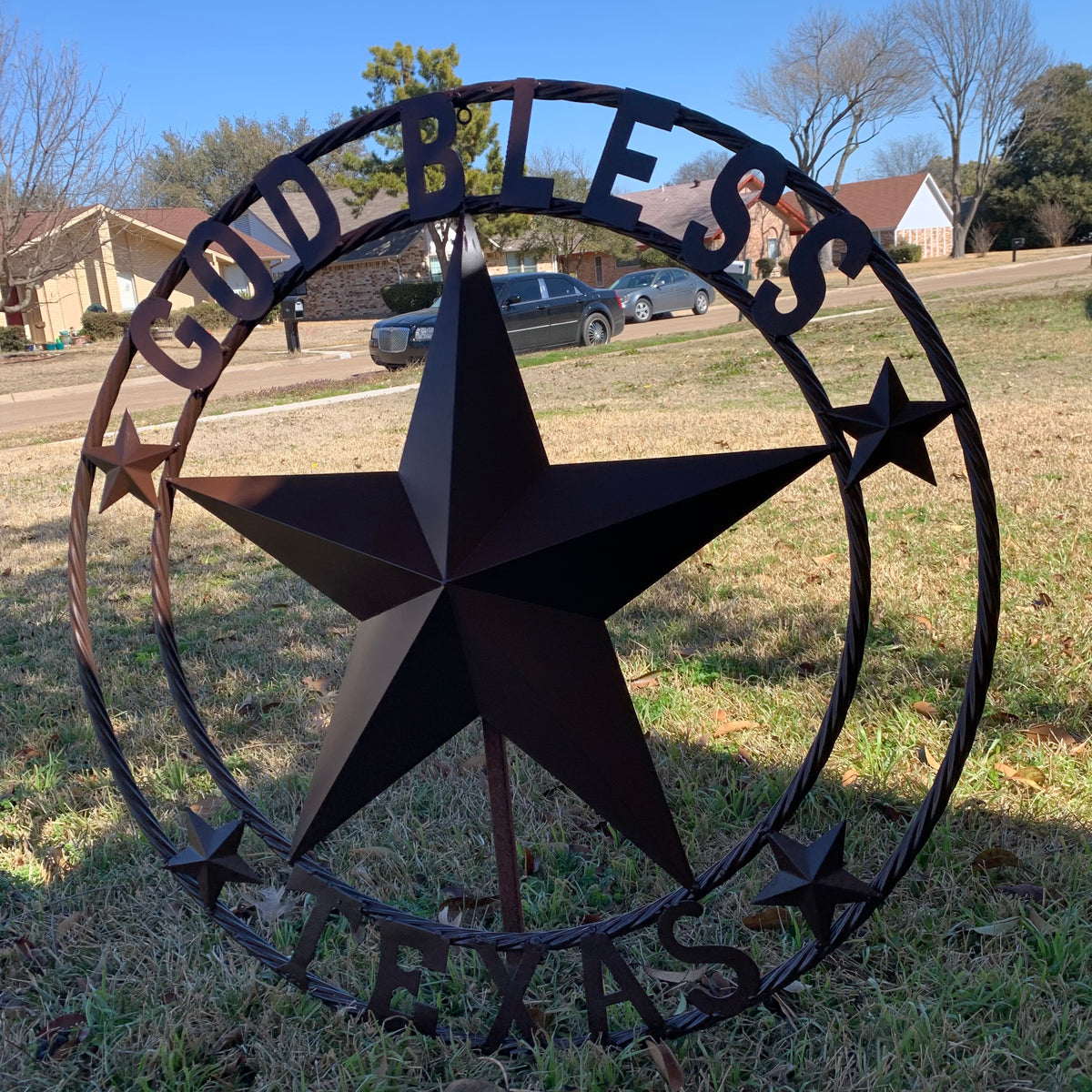GOD BLESS TEXAS BROWN BARN STAR METAL LONE STAR TWISTED ROPE RING WESTERN HOME DECOR HANDMADE NEW #EH11085
