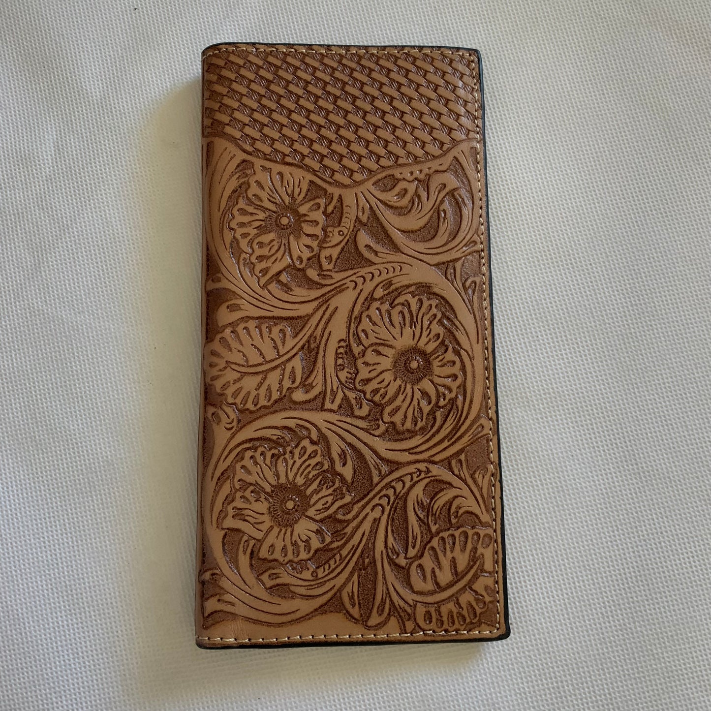 WESTERN CHECKBOOK BI FOLD WALLET or MEN'S WALLET GENUINE LEATHER LIGHT BROWN FRONT FLORAL EMBOSSED NEW