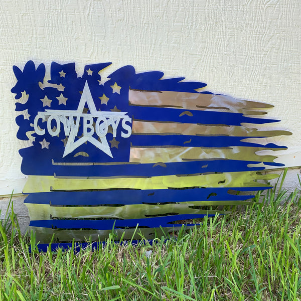 DALLAS COWBOYS METAL TATTERED FLAG BRIGHT BLUE & SILVER CUSTOM VINTAGE CRAFT TEAM SIGN HANDMADE