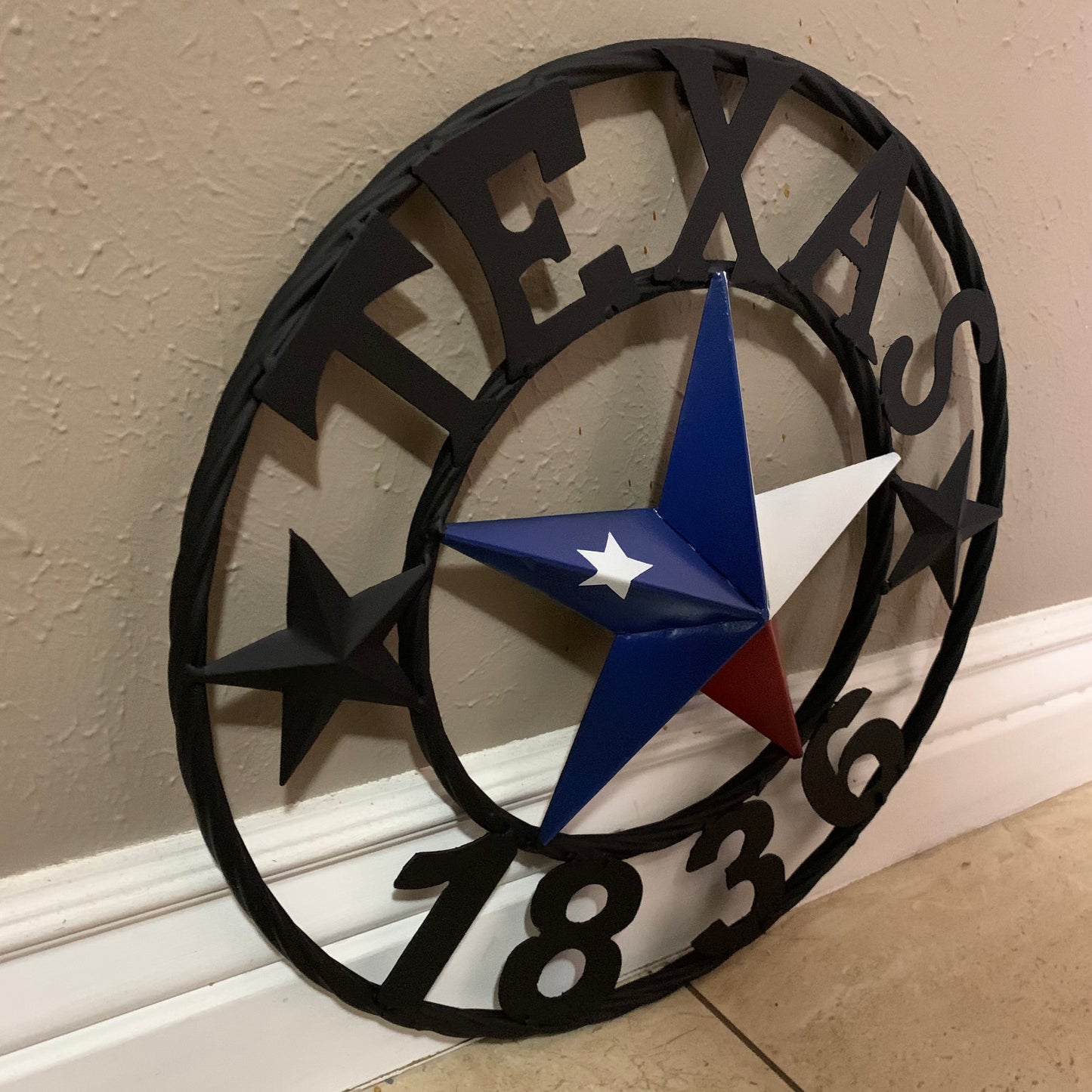 16" TEXAS 1836 RED WHITE BLUE TEXAS FLAG STAR & BLACK RING BARN STAR METAL WALL WESTERN HOME DECOR HANDMADE NEW ART