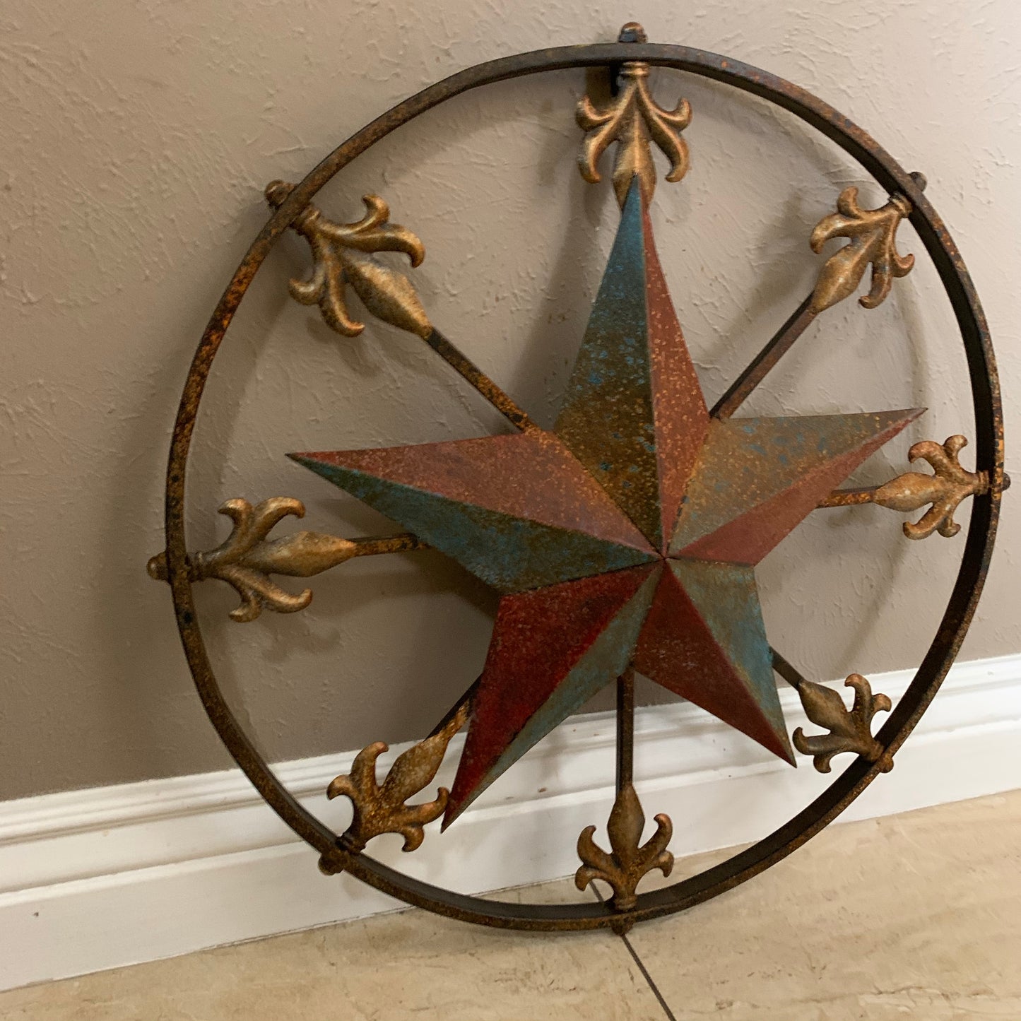 24" RUSTIC STAR & MULTI FLEUR DE LIS METAL WALL ART WESTERN HOME DECOR RED GOLD & TURQUOISE ART