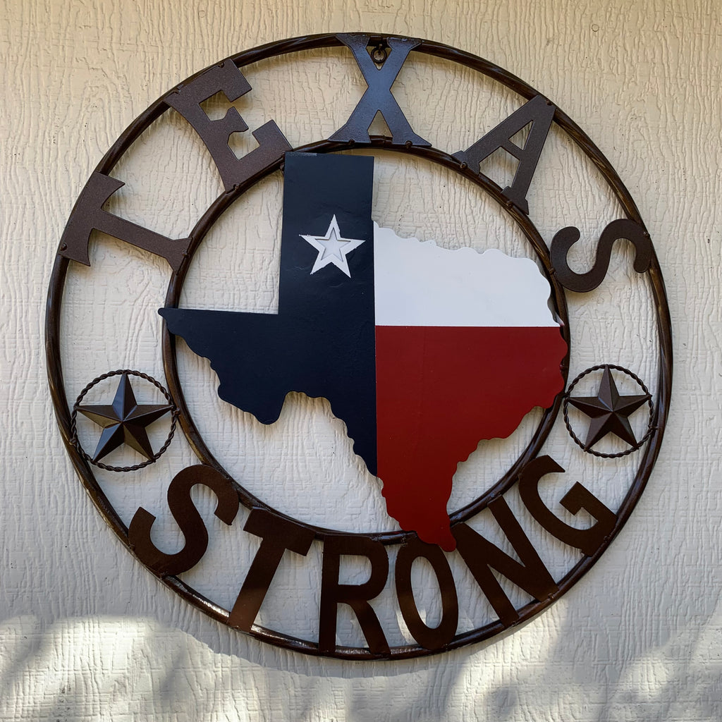 TEXAS STRONG SIGN METAL WALL ART WESTERN HOME DECOR RED WHITE BLUE WITH BRONZE RING HANDMADE #EH13212