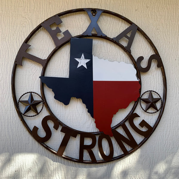 TEXAS STRONG SIGN METAL WALL ART WESTERN HOME DECOR RED WHITE BLUE WITH BRONZE RING HANDMADE #EH13212