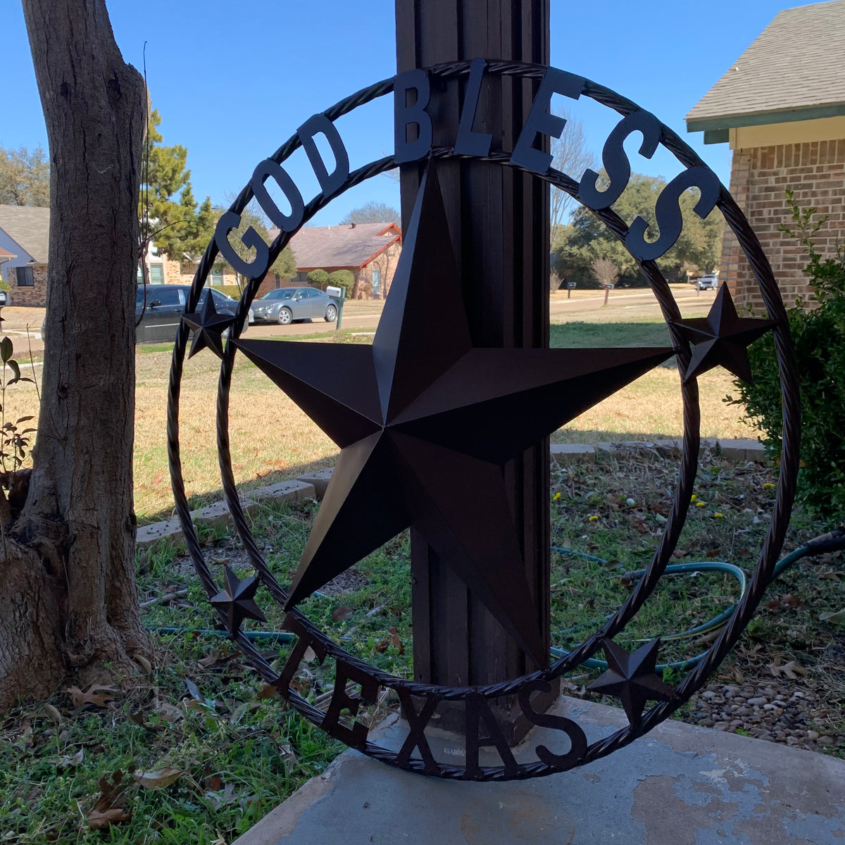 GOD BLESS TEXAS BROWN BARN STAR METAL LONE STAR TWISTED ROPE RING WESTERN HOME DECOR HANDMADE NEW #EH11085