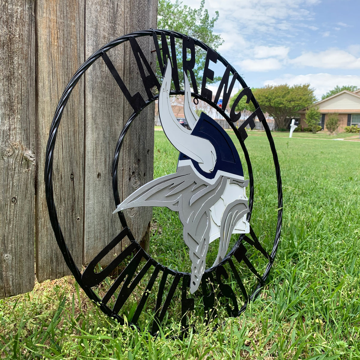 LAWRENCE UNIVERSITY METAL CUSTOM VINTAGE CRAFT WALL ART RUSTIC BLUE SILVER WHITE TEAM SIGN HANDMADE