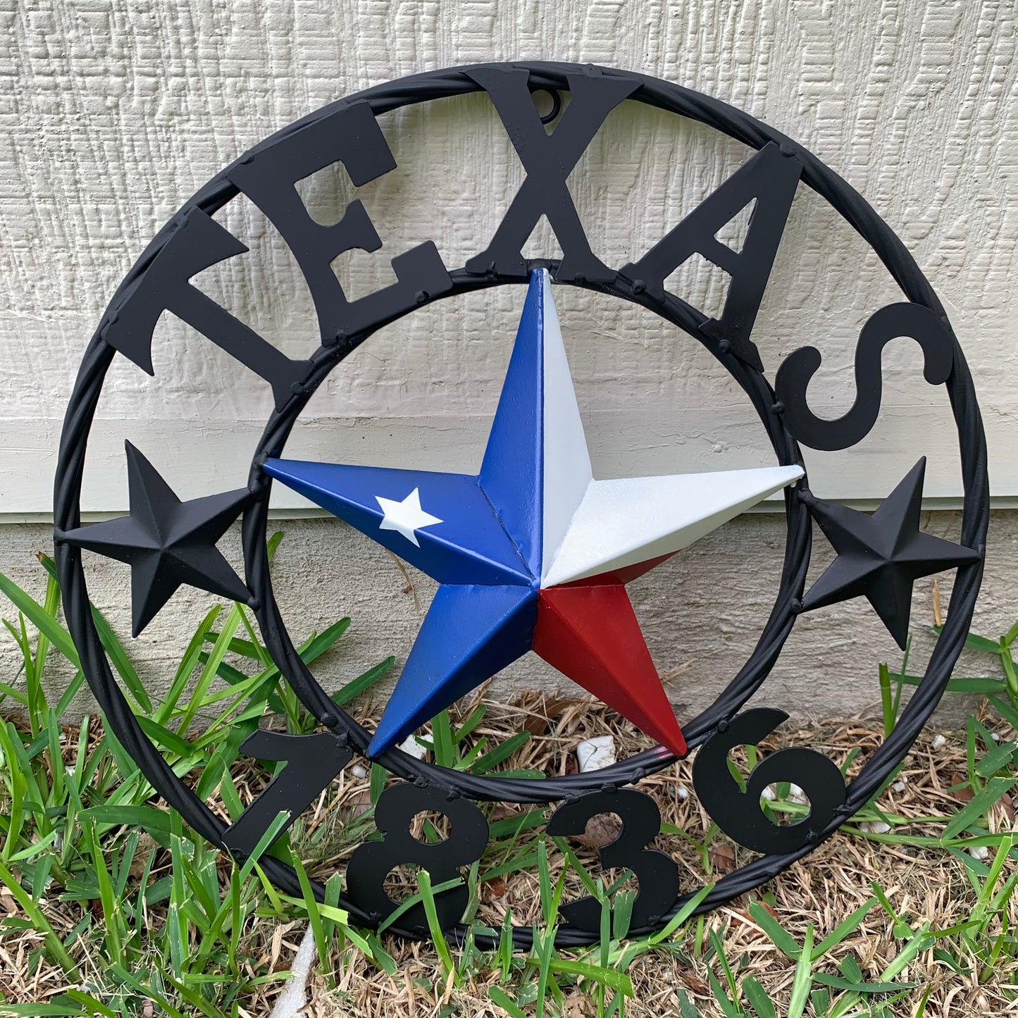 16" TEXAS 1836 RED WHITE BLUE TEXAS FLAG STAR & BLACK RING BARN STAR METAL WALL WESTERN HOME DECOR HANDMADE NEW ART