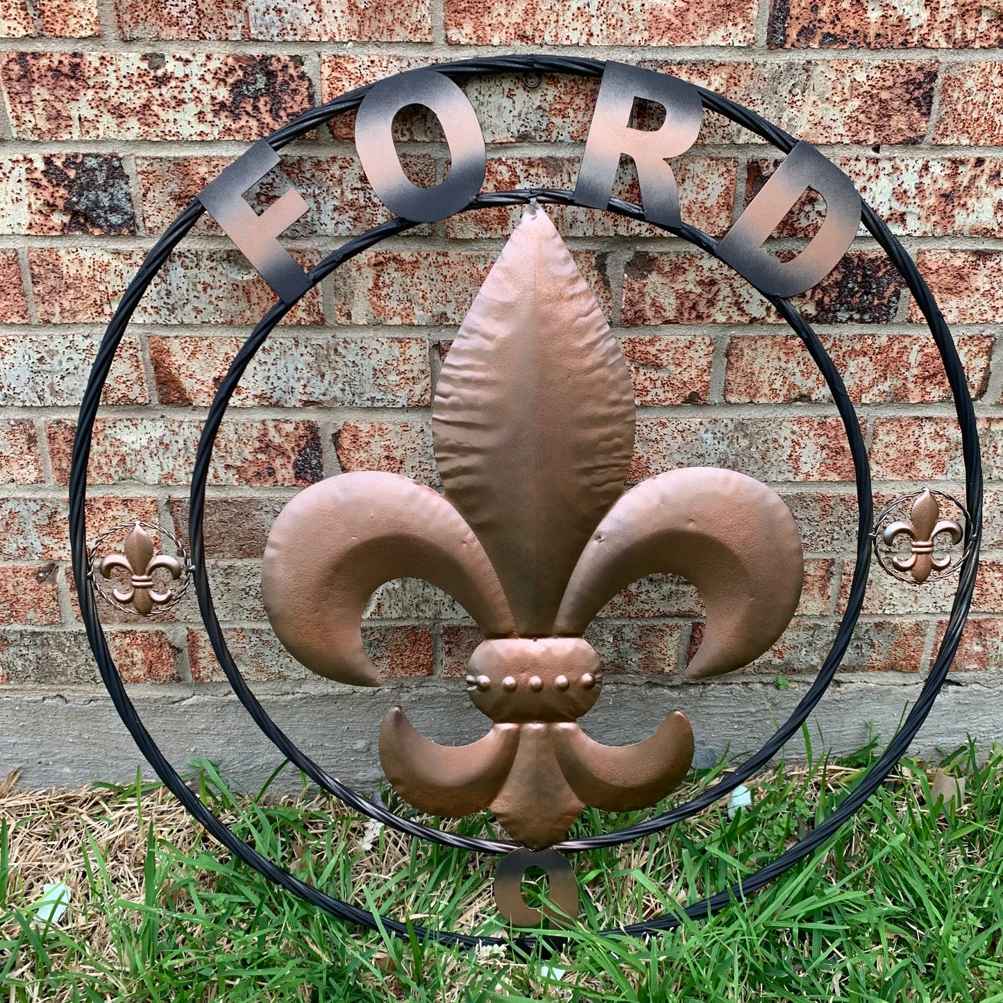 FORD STYLE YOUR CUSTOM NAME FLEUR DE LIS METAL TWISTED ROPE RING SIGN WALL ART WESTERN HOME DECOR HANDMADE 24", 32", 36"