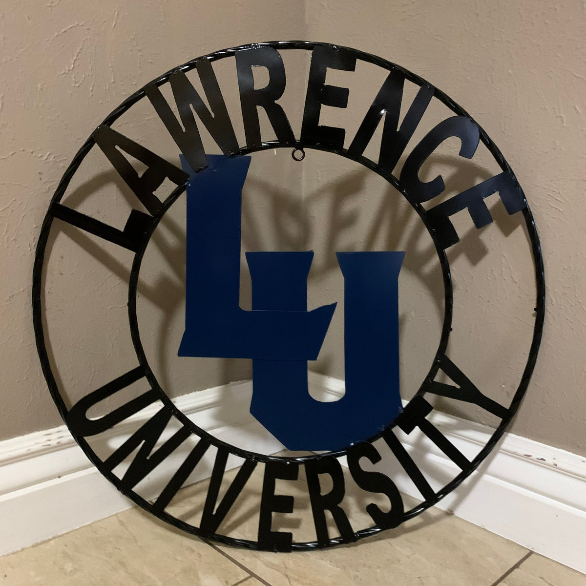 LAWRENCE UNIVERSITY METAL CUSTOM VINTAGE CRAFT WALL ART RUSTIC BLUE & BLACK TEAM SIGN HANDMADE
