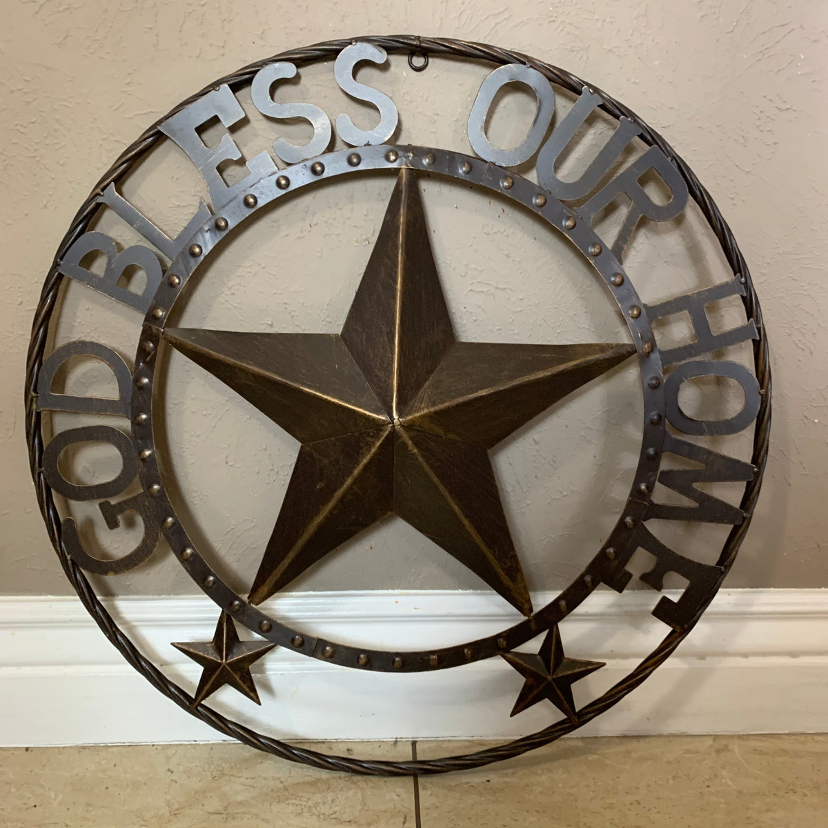24" GOD BLESS OUR HOME BEADED STAR COLIBROX METAL TWISTED ROPE RING LONE STAR WALL ART WESTERN HOME DECOR RUSTIC DARK BRONZE COPPER HANDMADE NEW
