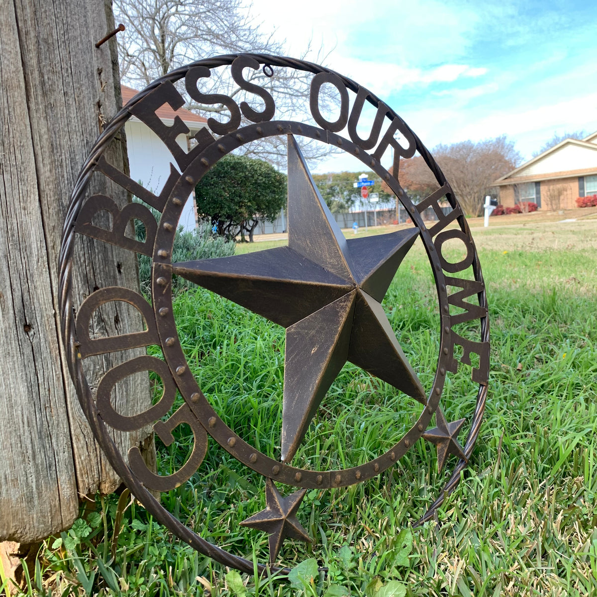 24" GOD BLESS OUR HOME BEADED STAR COLIBROX METAL TWISTED ROPE RING LONE STAR WALL ART WESTERN HOME DECOR RUSTIC DARK BRONZE COPPER HANDMADE NEW