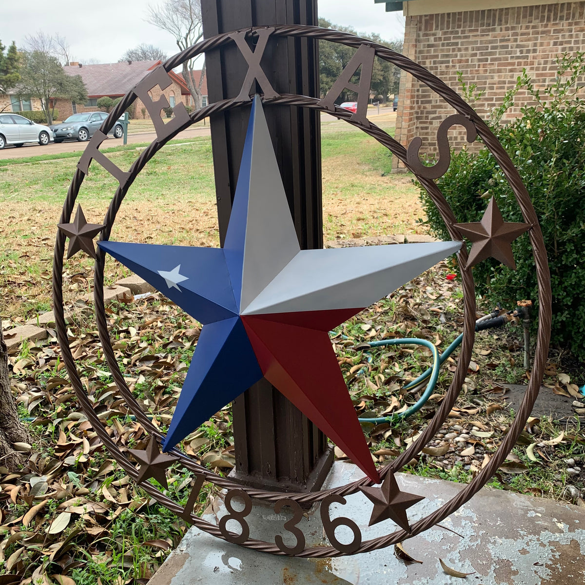 TEXAS 1836  FLAG STAR RED WHITE BLUE BARN STAR TWISTED ROPE RING BRONZE WESTERN HOME DECOR  #EH10958
