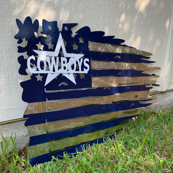 DALLAS COWBOYS METAL TATTERED FLAG NAVY BLUE, WHITE & SILVER CUSTOM VINTAGE CRAFT TEAM SIGN HANDMADE USA #EH11991