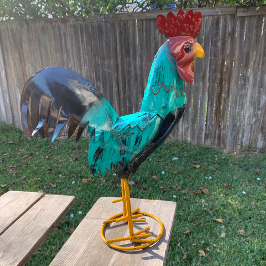 #34-041 RUSTIC TURQUOISE ROOSTER 20",30",40" CHICKEN GARDEN ANIMAL SCULPTURE METAL DECOR ORNAMENT HANDMADE