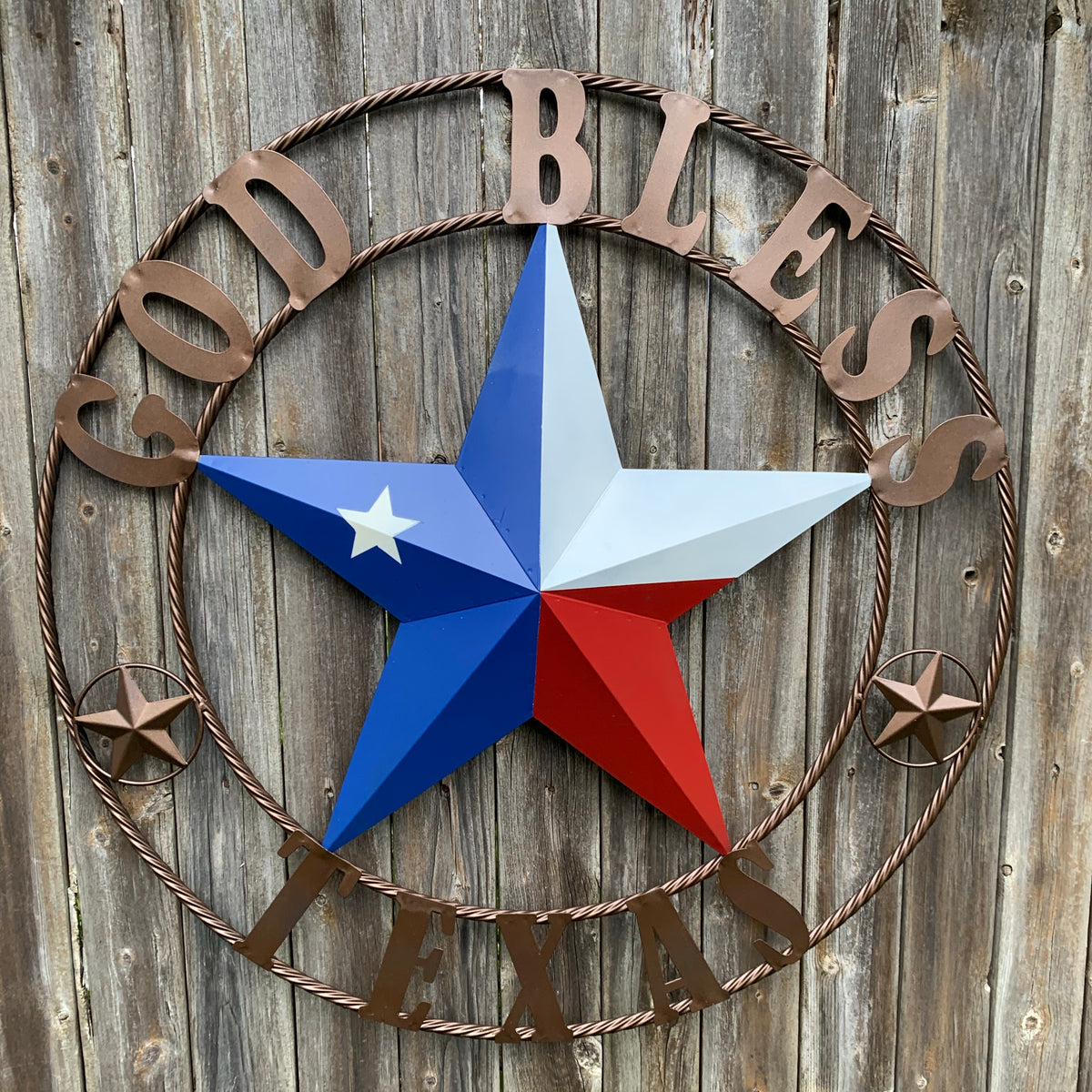 GOD BLESS TEXAS RED WHITE BLUE BARN METAL STAR BRONZE TWISTED ROPE RING WALL ART WESTERN HOME DECOR HANDMADE #EH11884