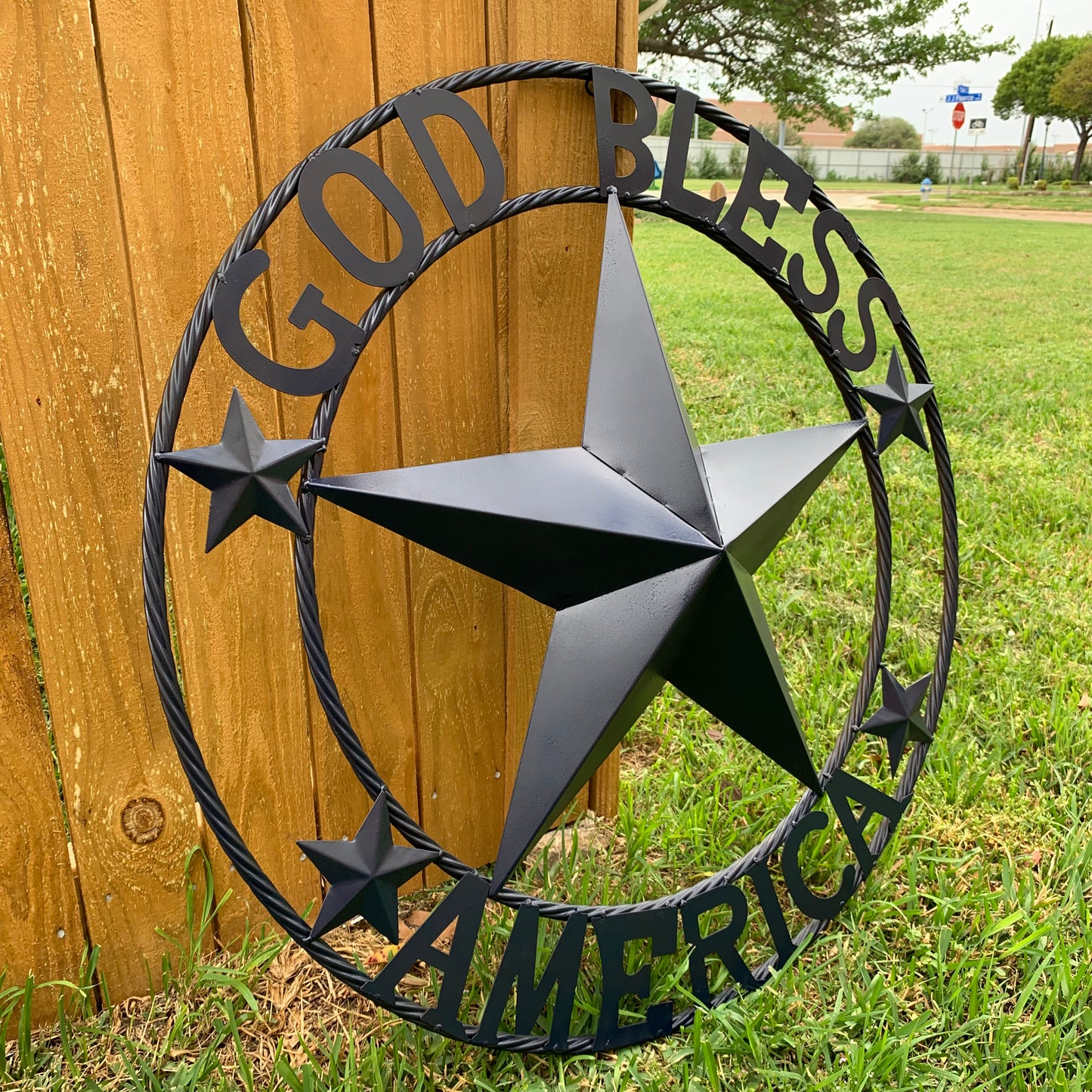 GOD BLESS AMERICA NAVY BLUE METAL BARN STAR RING ART WESTERN HOME DECOR NEW-#EH10131