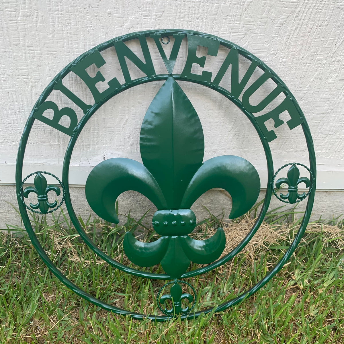 24", 32" GLOSSY HUNTER GREEN FLEUR DE LIS BIENVENUE METAL WALL ART WESTERN HOME DECOR