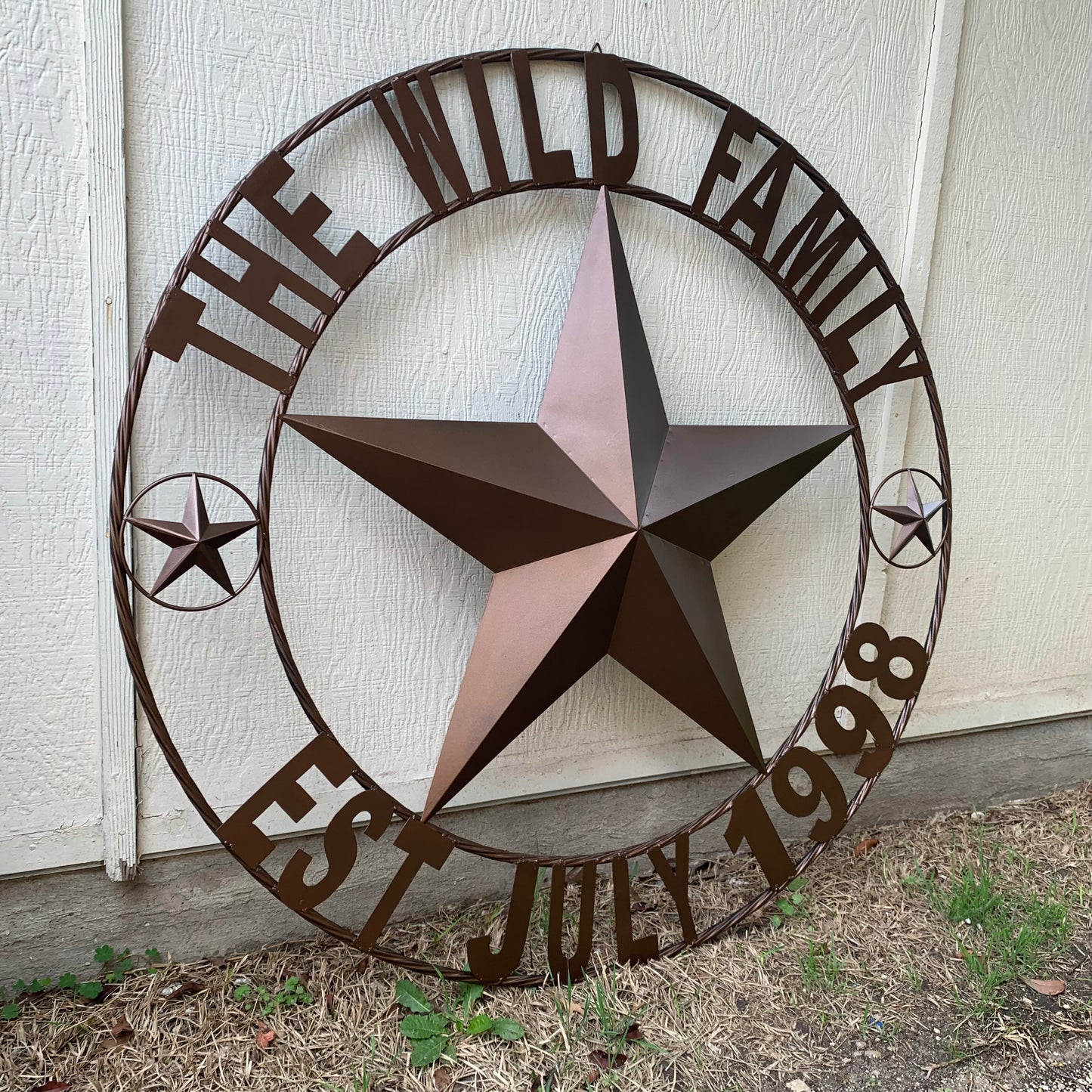 THE WILD FAMILY STYLE CUSTOM FAMILY NAME STAR METAL BARN STAR ROPE RING WESTERN HOME DECOR BRONZE HANDMADE 24",32",34",36",40",42",44",48",50"
