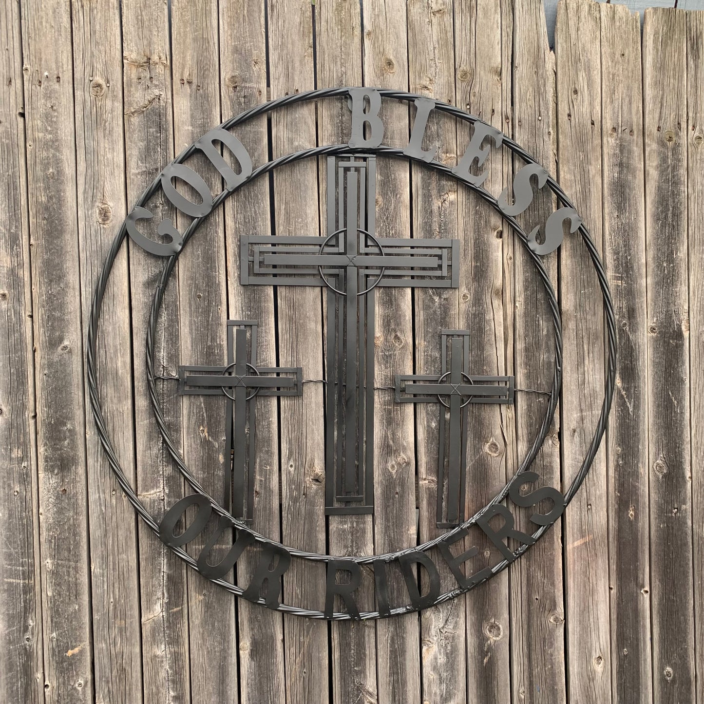 40"GOD BLESS OUR RIDERS CRUCIFIX BLACK CROSS METAL WALL ART HANDMADE