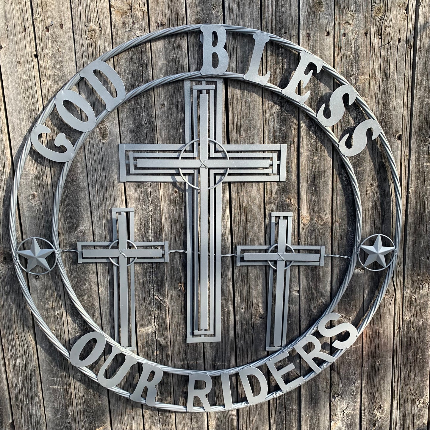 40"GOD BLESS OUR RIDERS CRUCIFIX GREY CROSS METAL WALL ART HANDMADE