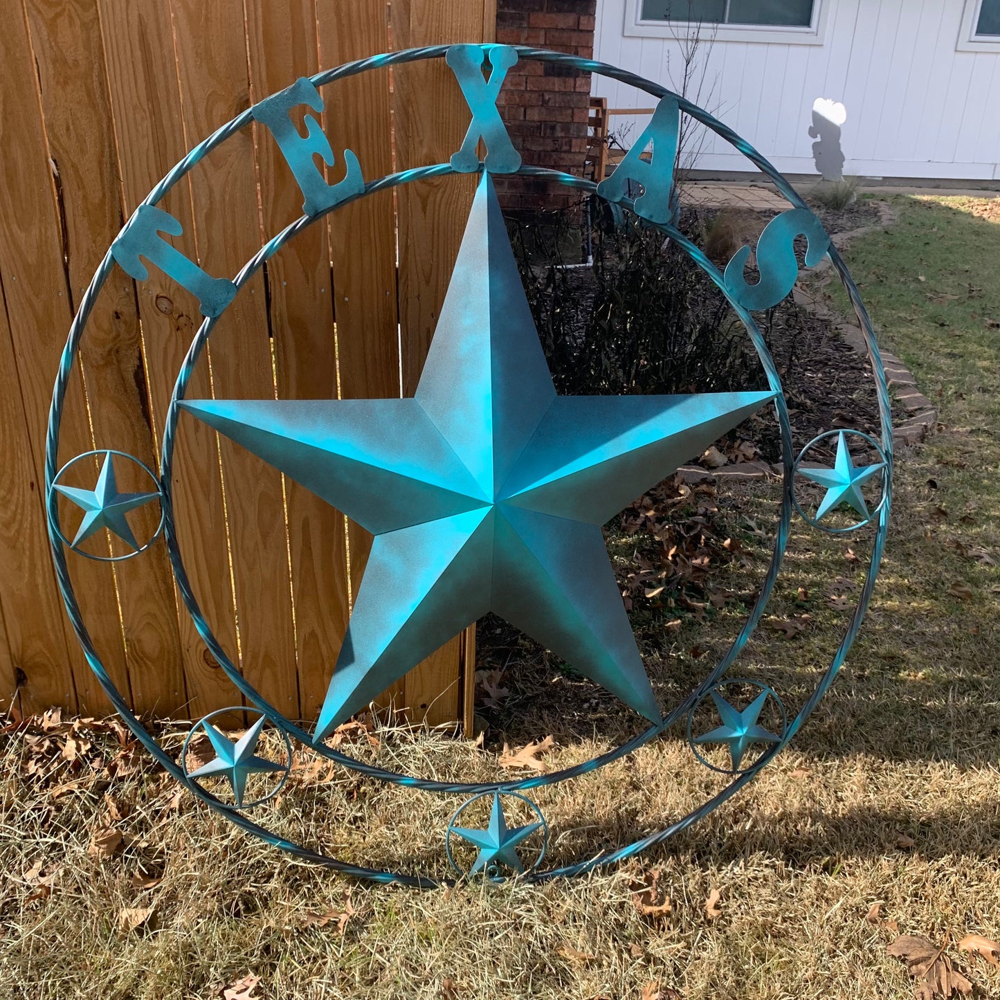 TEXAS LONESTAR TURQUOISE DISTRESSED TWO TONE METAL BARN STAR TWISTED ROPE RING WALL ART WESTERN HOME DECOR HANDMADE NEW #EH10483