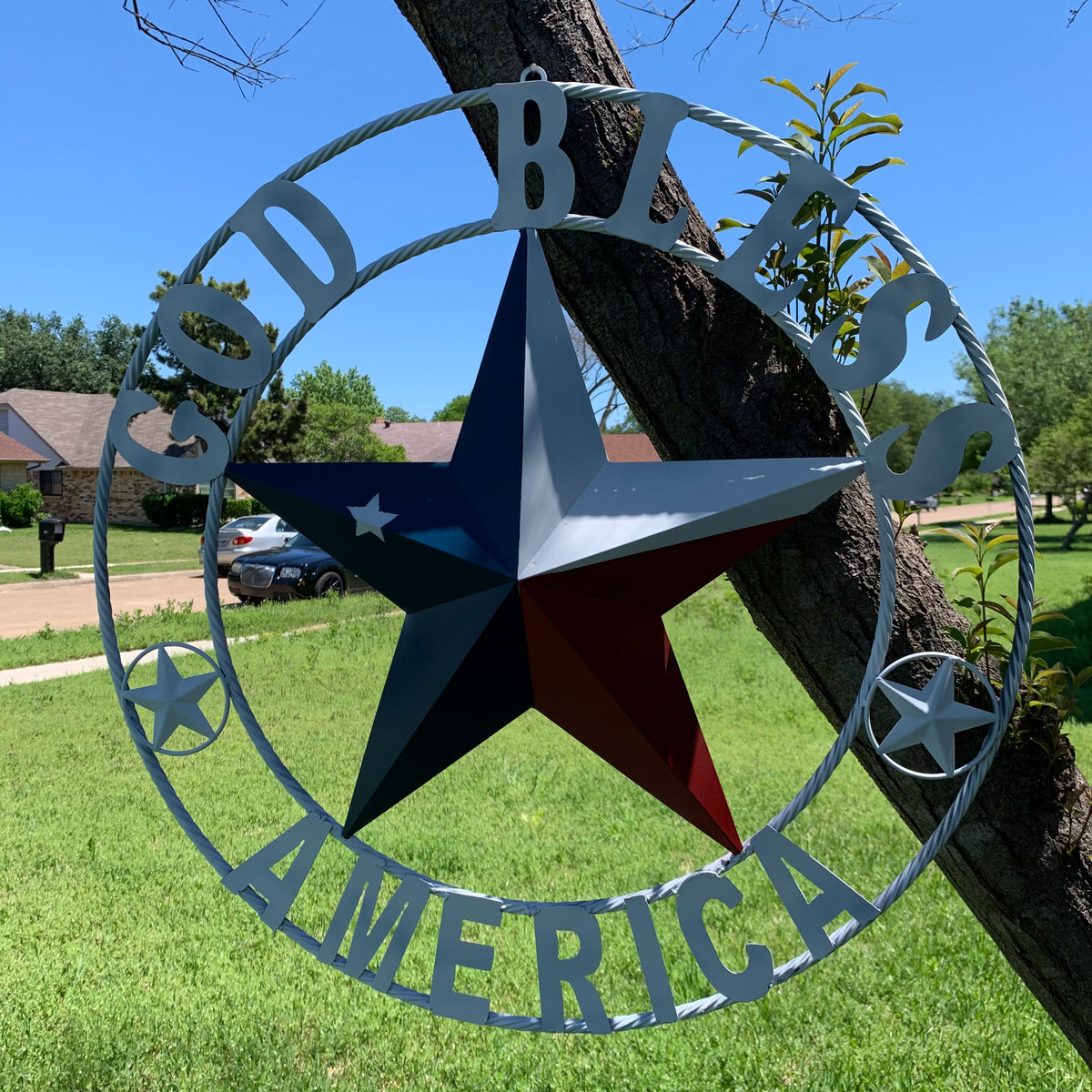 GOD BLESS AMERICA WHITE RING & RED WHITE BLUE BARN METAL STAR TWISTED RING HANDMADE NEW