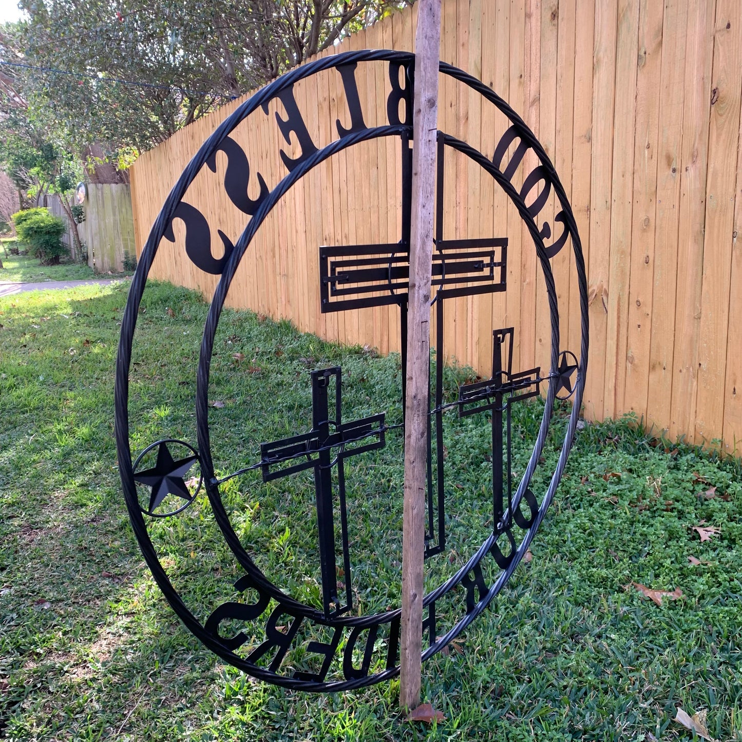 40"GOD BLESS OUR RIDERS CRUCIFIX GREY CROSS METAL WALL ART HANDMADE