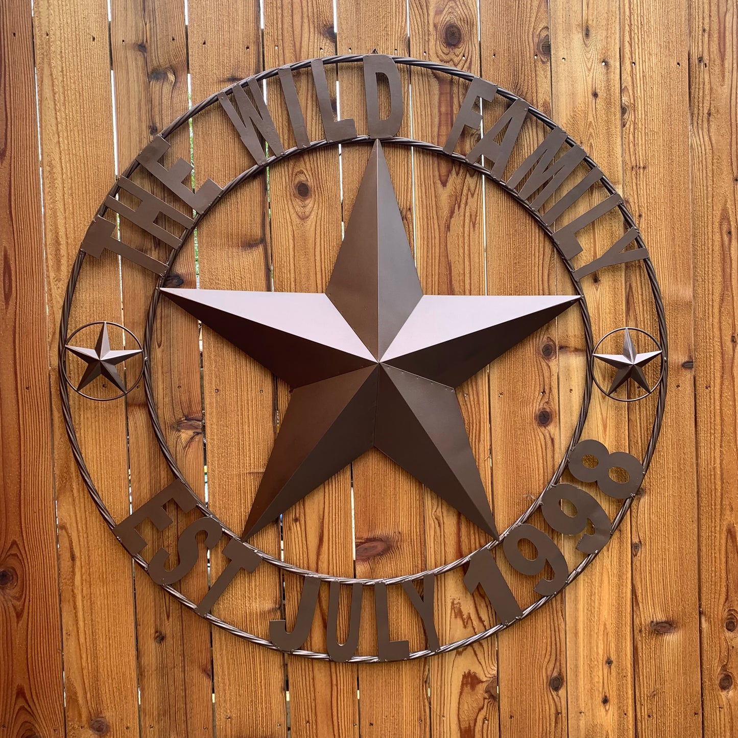 THE WILD FAMILY STYLE CUSTOM FAMILY NAME STAR METAL BARN STAR ROPE RING WESTERN HOME DECOR BRONZE HANDMADE 24",32",34",36",40",42",44",48",50"