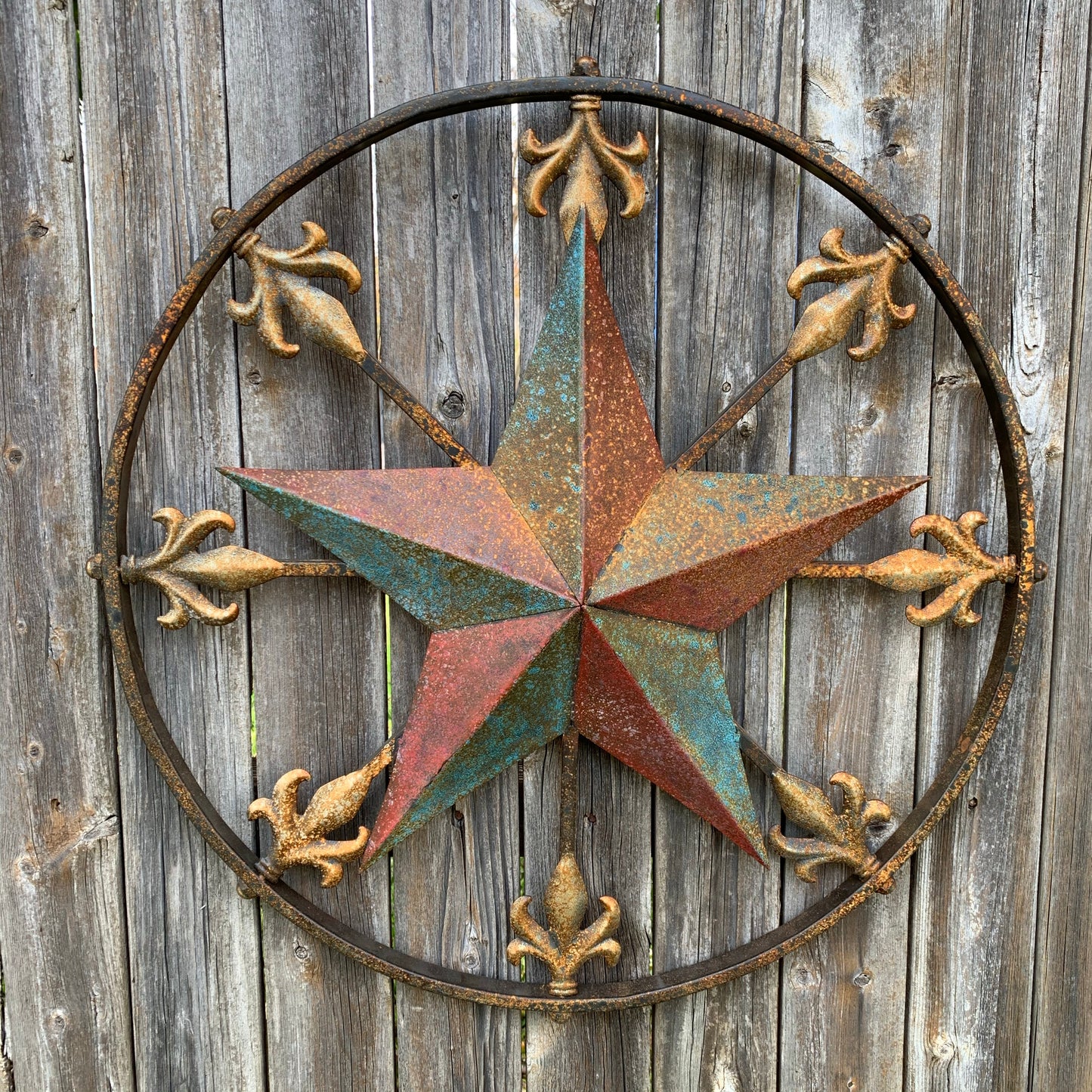 24" RUSTIC STAR & MULTI FLEUR DE LIS METAL WALL ART WESTERN HOME DECOR RED GOLD & TURQUOISE ART