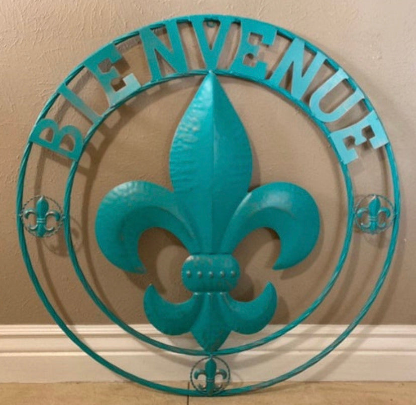 BIENVENUE FLEUR DE LIS TURQUOISE METAL WALL ART WESTERN HOME DECOR RUSTIC ART NEW