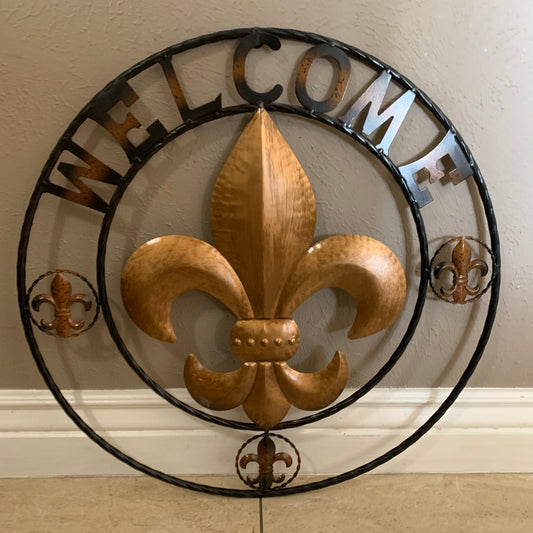 24", 32" WELCOME FLEUR DE LIS METAL WALL ART WESTERN HOME DECOR GOLD & BLACK #EH10251