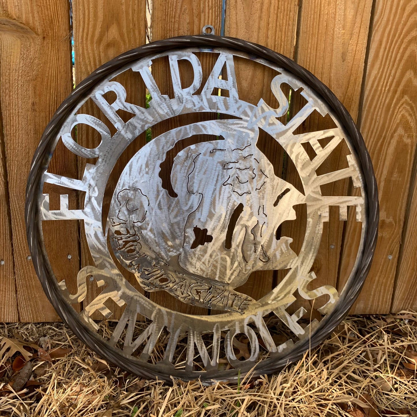 FSU FLORIDA STATE SEMINOLES INDIAN CUSTOM RAW METAL VINTAGE CRAFT TEAM SIGN HANDMADE