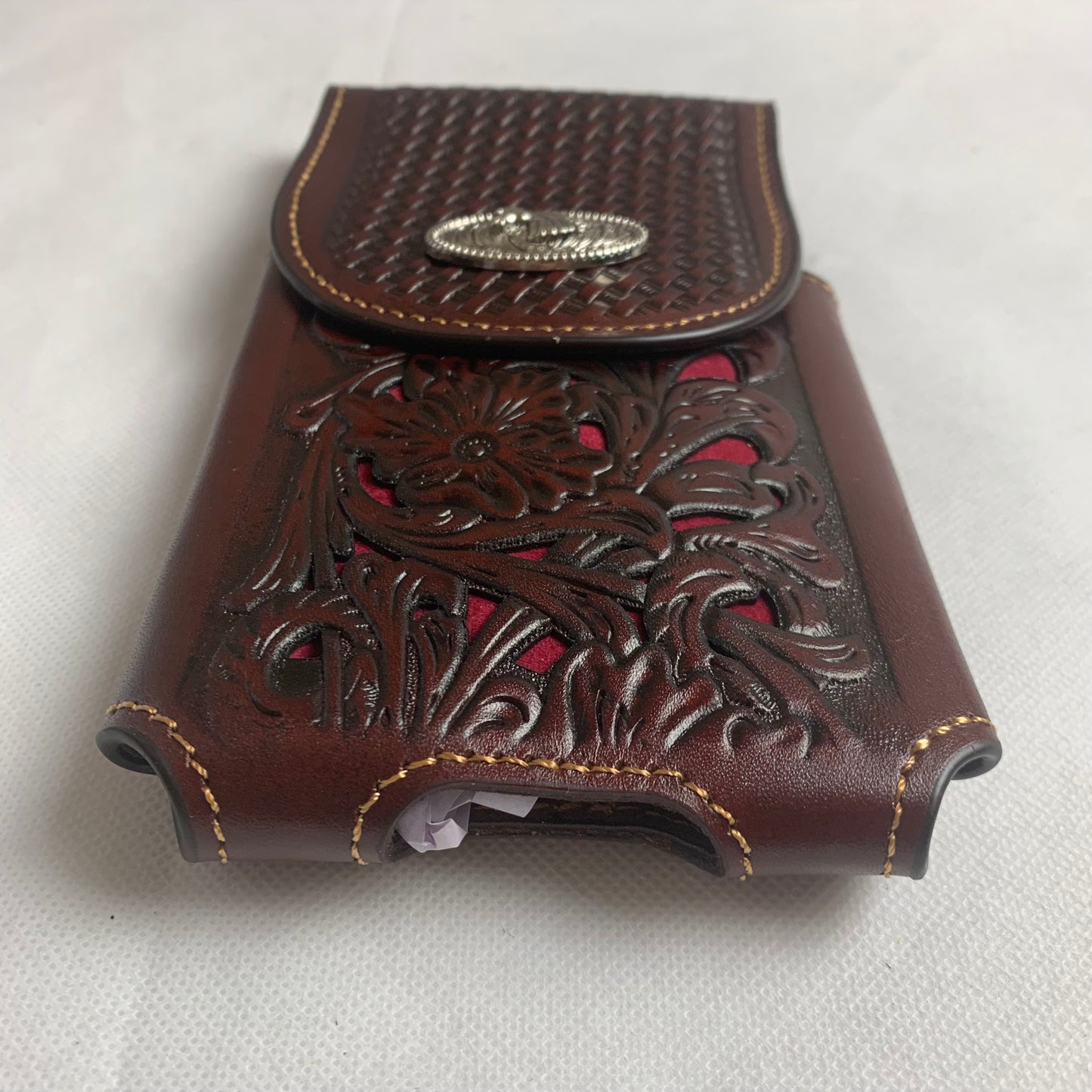 #LG2004  7.5" HORSE COFFEE BROWN & RED LEATHER POUCH EXTRA LARGE  BELT LOOP HOLSTER CELL PHONE CASE UNIVERSAL OVERSIZE