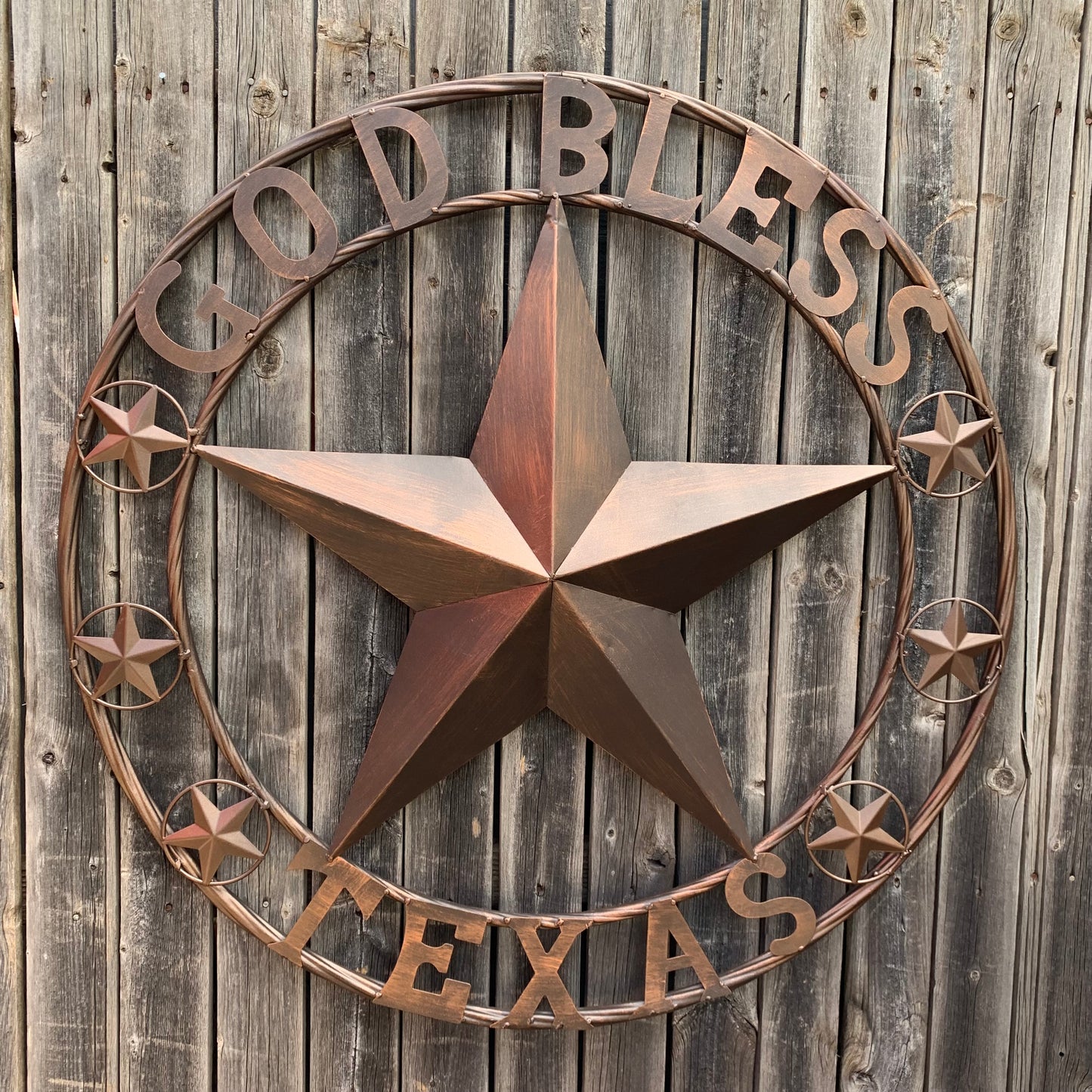 GOD BLESS TEXAS BARN 3d LONE STAR WITH 3 SMALL STARS TWISTED RING WESTERN HOME DECOR RUSTIC BRONZE HANDMADE NEW #EH11107