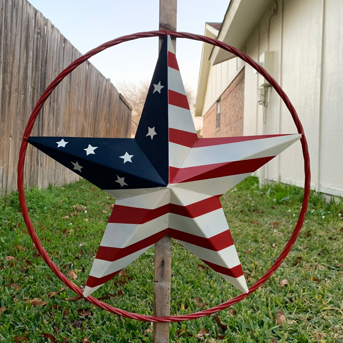 AMERICAN Flag USA Metal Barn Star RED, WHITE & BLUE WITH RED Rope Ring Western Home Decor Handmade 12",16",24",30",34",36",40",48"