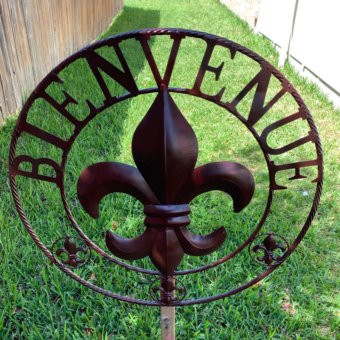 BIENVENUE FLEUR DE LIS GLOSSY BROWN METAL WALL ART WESTERN HOME DECOR NEW #EH10183