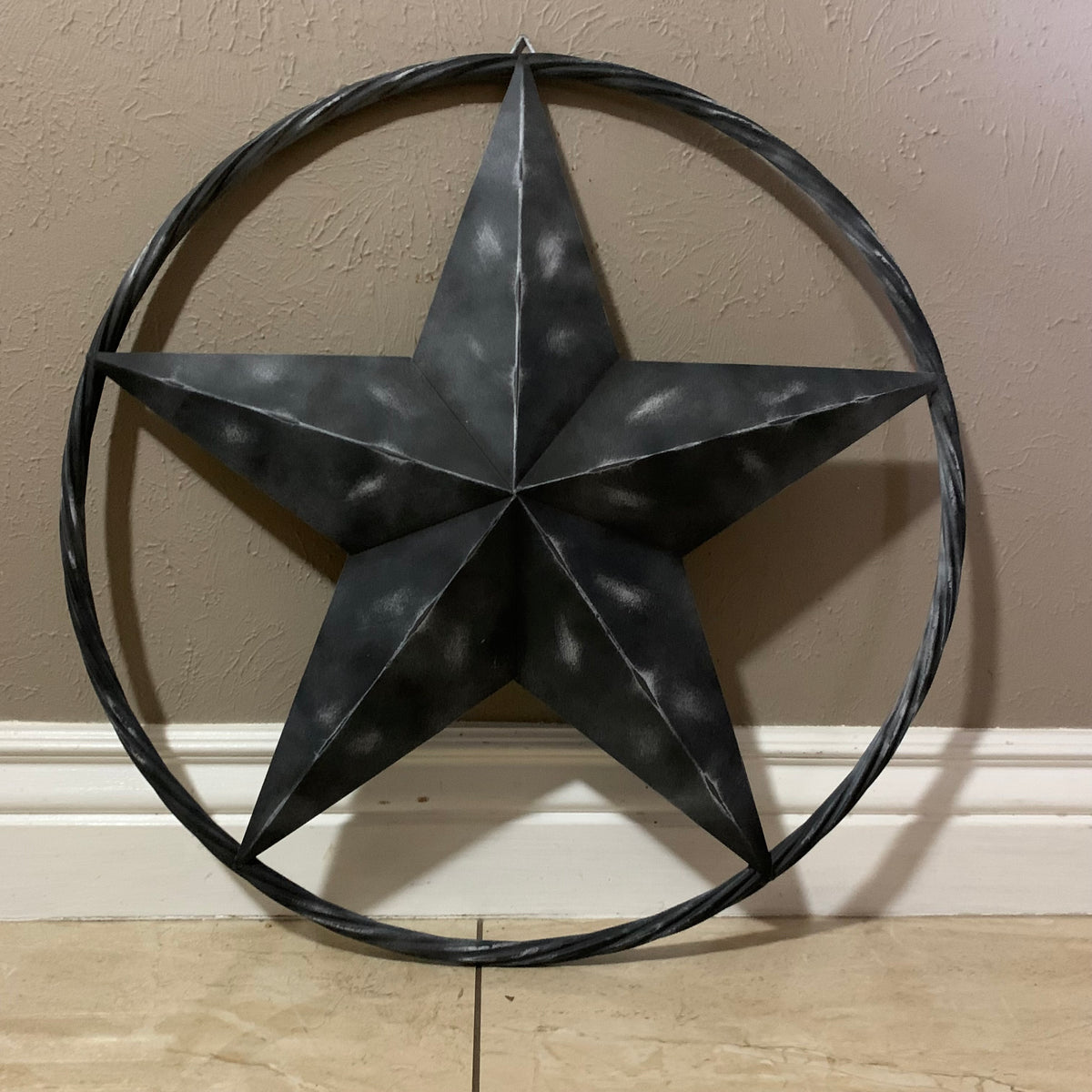 RUSTIC BLACK DISTRESSED TWO TONE BARN LONE STAR ROPE RING METAL WALL ART WESTERN HOME DECOR HANDMADE