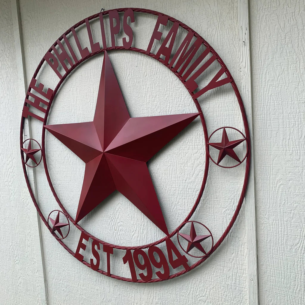 PHILLIPS STYLE YOUR CUSTOM STAR METAL NAME RUSTIC BURGUNDY RED PHILLIPS CUSTOM 3d STAR METAL NAME BARN STAR TWISTED ROPE RING DESIGN METAL WALL ART HOME DECOR ANY SIZE