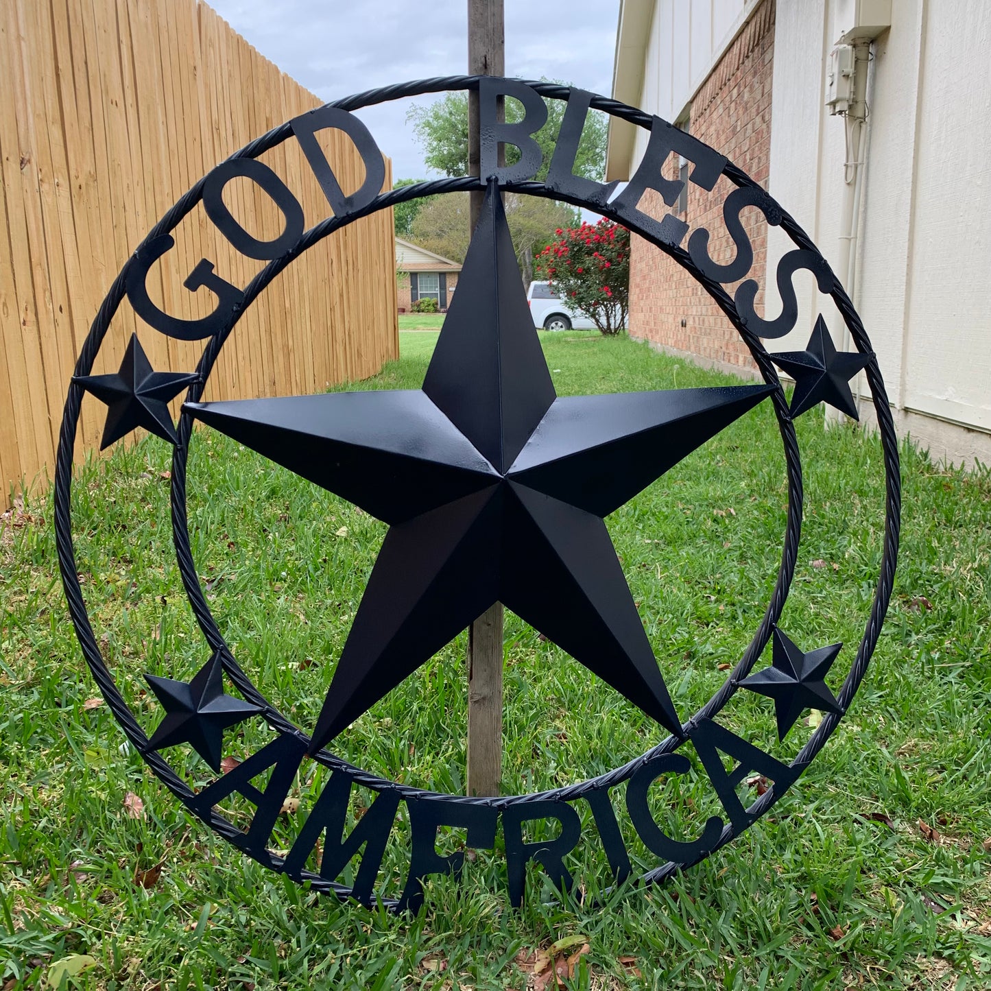 GOD BLESS AMERICA NAVY BLUE METAL BARN STAR RING ART WESTERN HOME DECOR NEW-#EH10131
