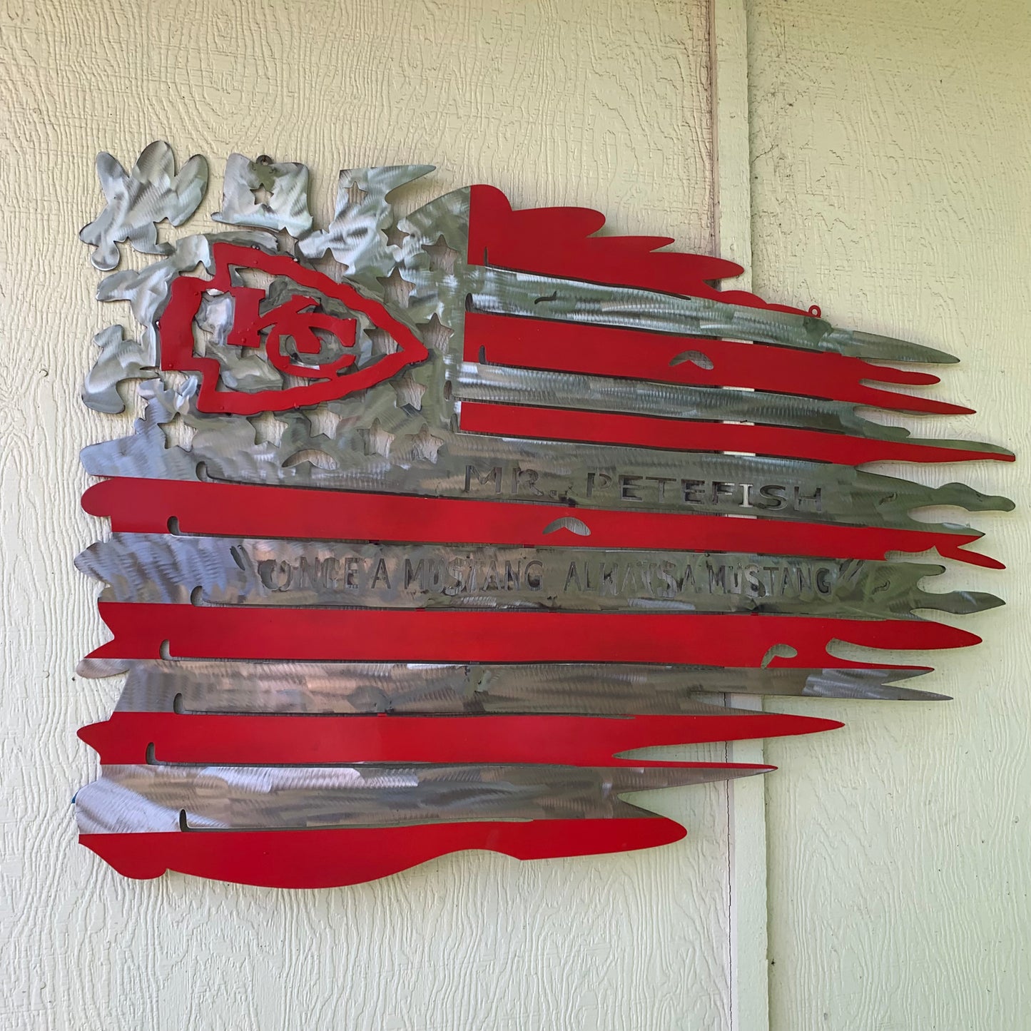 CUSTOM NAME KANSAS CITY CHIEFS METAL TATTERED FLAG CUSTOM VINTAGE CRAFT WALL ART HANDMADE
