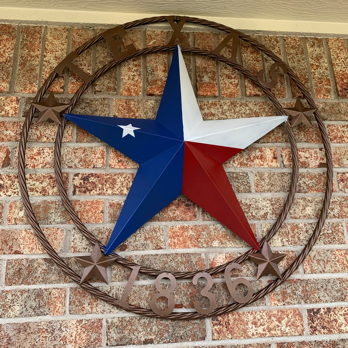 TEXAS 1836  FLAG STAR RED WHITE BLUE BARN STAR TWISTED ROPE RING BRONZE WESTERN HOME DECOR  #EH10958