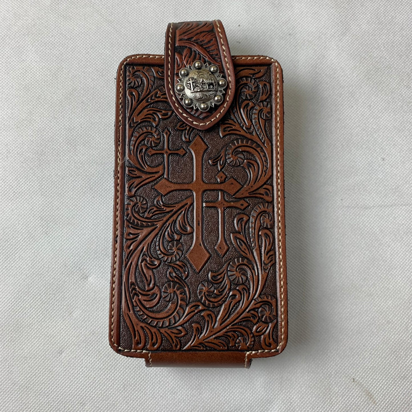 7" COWBOY PRAYER CROSS LEATHER HOLSTER POUCH COFFEE BROWN  LARGE  BELT LOOP HOLSTER CELL PHONE CASE UNIVERSAL OVERSIZE #WS344D--FREE SHIPPING
