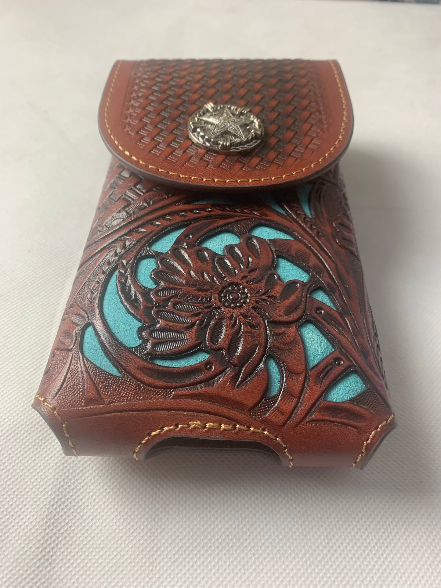 7" LONE STAR BLACK & TURQUOISE LEATHER HOLSTER POUCH EXTRA LARGE  BELT LOOP CELL PHONE CASE UNIVERSAL OVERSIZE--FREE SHIPPING